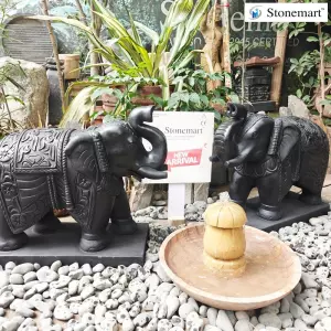 Pair Of 2 Feet Black Marble Elephant Sculptures With Stone Bird Bath Urli Water Fountain
