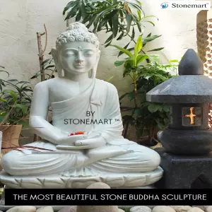 Available - 2.5 Feet White Marble Meditating Zen Buddha Statue With Granite Japanese Pagoda Lantern