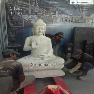 Available - 5 Feet Vitarka Mudra Buddha Sculpture In White Marble Stone For Hotels, Farmhouses, Resorts, Offices