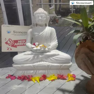 2 Feet Marble Meditating Buddha Idol For Indoor And Outdoor