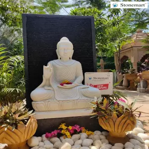 Sold To Coimbatore, Tamil Nadu 5 Feet Granite Waterfall With 3 Feet Abhaya Mudra Stone Buddha Statue