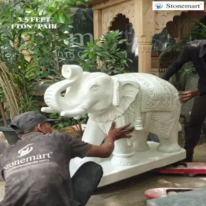 3.5 Feet Stunning White Marble Elephant Statue Pair For Entrance