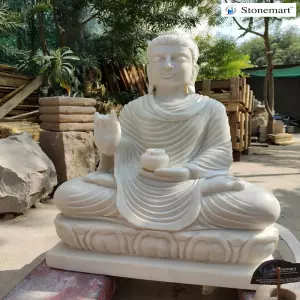 2 Feet White Marble Buddha Statue With Pot