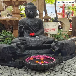 Available - 4 Feet Marble Buddha Statue With Pair Of Marble Elephants And Granite Uruli
