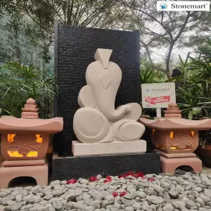 5 Feet Granite Waterfall With 40 Inch Stone Ganesha Modern Abstract Sculpture And Stone Lantern