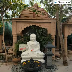 Available 4 Feet, 500 Kg White Marble Buddha Sculpture For Garden With Granite Fountain And Lantern