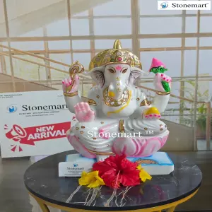 15 Inch, 18 Kg Handcrafted Pure White Marble Lord Ganesha Idol For Pooja Room