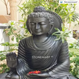 Available - 3 Feet Abhaya Mudra Black Marble Gautam Buddha Sculpture For Outdoor