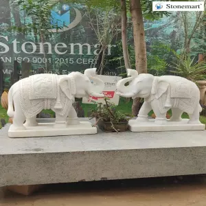 2 Feet Hand Carved Pair Of White Marble Elephants