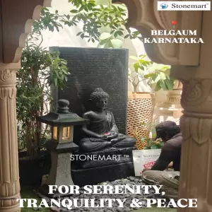 Sold To Belgaum, Karnataka - 3 Feet Meditating Marble Buddha Statue Paired With 5 Feet Granite Panel Fountain