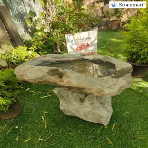 Sold To Pune, Maharashtra Hand Carved Natural Rock Bird Bath For Garden And Balcony