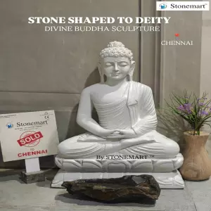 Sold To Chennai, Tamil Nadu - 3 Feet White Marble Meditating Buddha Statue With Stone Urli Bowl