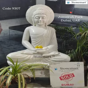 Sold To Dubai, Uae - 3 Feet White Marble Buddha Idol In Meditating Posture For Home And Garden
