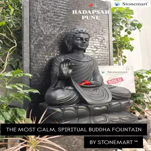Sold To Pune, Maharashtra - Handcrafted 5 Feet, 520 Kg Granite Waterfall With 3 Feet, 180 Kg Black Marble Buddha Sculpture