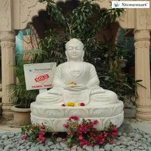 Sold To Chennai, Tamil Nadu Hand Carved 40 Inch, 220 Kg White Marble Sitting Buddha Sculpture