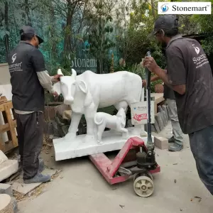 4 Feet, 1 Ton Hand Carved Cow And Calf Sculpture In White Marble
