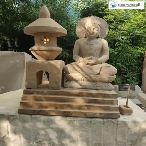 Sold Stone Buddha Statue With Japanese Lantern