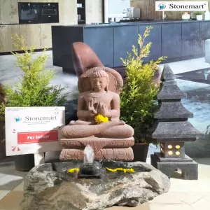 Available 26 Inch, 70 Kg Stone Buddha Idol With Rock Water Feature And Granite Lantern