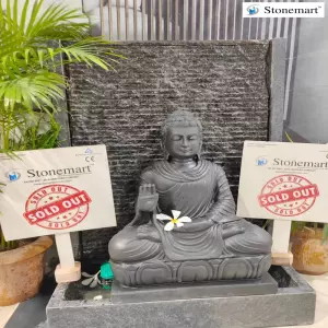 Sold To Belgaum, Karnataka 39 Inch Chieseled Granite Water Feature With 2 Feet Black Marble Buddha Idol