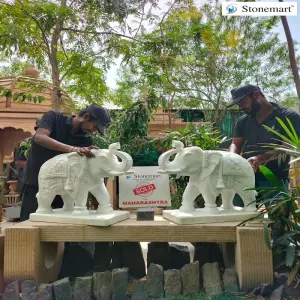Sold To Ichalkaranji, Maharashtra 2 Feet, 300 Kg Carved White Elephants Sculpture For Garden
