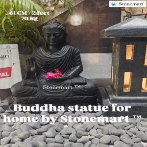 Available - 61Cm Abhaya Mudra Black Marble Buddha Statue With Granite Lantern For Indoor Decor