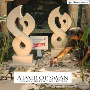 Modern Abstract Sculptures Of A Pair Of Swan In Natural Stone For Luxury Outdoor