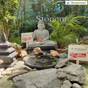 Available 3 Feet Grey Marble Buddha Statue With Granite Fountain And Pagoda Lantern