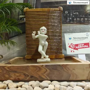 34 Inch, 90 Kg Stone Panel Fountain With White Marble Krishna Idol