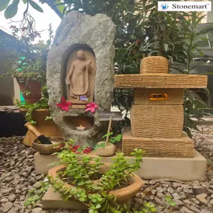 Sold To Goa The Bamiyan Buddha Sculpture In Cave With Stone Japanese Lantern And Planter