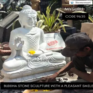 Sold To Mysuru, Karnataka - 3 Feet Abhaya Mudra Buddha Idol For Home And Garden In White Marble