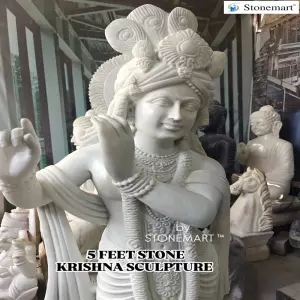 Hand-Carved 5 Feet Divine Shri Krishna Idol In White Marble
