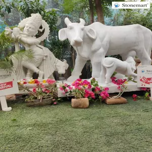 3.5 Feet Marble Krishna With Cow And 4 Feet Cow With Calf Statue