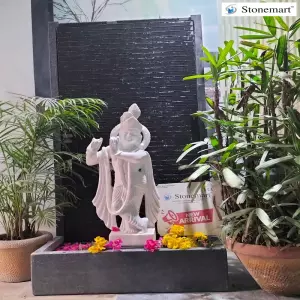 5 Feet Granite Waterfall With 2.5 Feet White Marble Krishna Sculpture