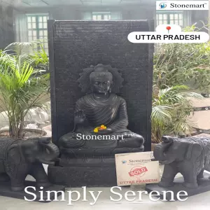 Sold To Uttar Pradesh - 5 Feet Granite Water Fountain With 3 Feet Marble Buddha Statue And 2 Feet Elephant Idols