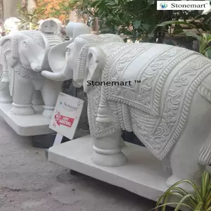 3.5 Feet Marble Elephant Sculptures With Intricate Detailing For Vastu Decor