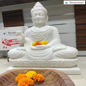 Available - 2 Feet, 80 Kg White Marble Buddha Sculpture In Abhaya Mudra With Sandstone Urli Bowl
