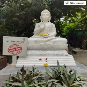 Sold To Jalalabad, Punjab 3 Feet White Marble Vitarka Mudra Buddha Statue With Marble Pedestal