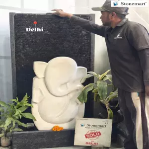 Sold To New Delhi - White Mint Sandstone Modern Abstract Ganesha Statue With Granite Waterfall