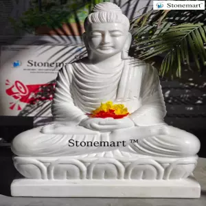 Available - 24 Inch White Marble Buddha Stone Statue In Dhyana Mudra Or Meditation Mudra