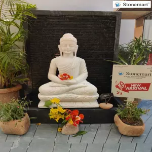Sold To Madurai, Tamil Nadu 39 Inch Granite Fountain With 2 Feet Meditation Mudra Marble Buddha Idol