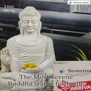 Available - 3 Feet Beautiful Abhaya Mudra Buddha Idol With Floral Granite Urli Fountain