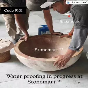 Waterproofing In Progress Of Beautiful Stone Water Feature Or Lily Pond Before Exporting To Singapore