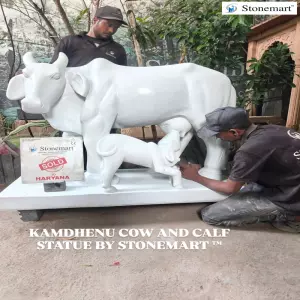 Sold To Sirsa, Haryana - Hand Carved White Marble Kamdhenu Cow With Calf Statue