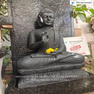 Ordered From Dubai For Mangalore, Karnataka - 3 Feet Black Gautam Buddha Statue With 5 Feet Granite Water Fountain
