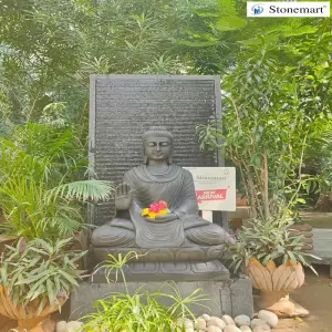 Sold To Bengaluru, Karnataka Hand Carved 3 Feet Black Marble Buddha Idol With 5 Feet Granite Water Fountain