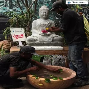Available - 36 Inch Hand Carved White Marble Buddha Idol With Sandstone Lily Pond For Contemporary Decor