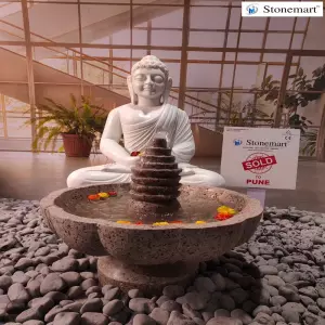 Sold To Lonavala, Pune, Maharashtra 3 Feet White Marble Dhyana Mudra Buddha Idol With 21 Inch Granite Floral Fountain