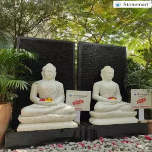 Sold To Dubai And Uttar Pradesh 5 Feet Granite Panel Fountains With 3 Feet White Marble Buddha Idols