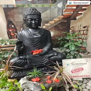 Sold To Ratnagiri, Maharashtra - Handcrafted Black Marble Blessing Buddha Sculpture For Home And Garden