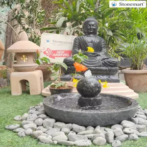 Available 2 Feet Buddha Idol With Granite Fountain And Stone Japanese Lantern For Zen Garden